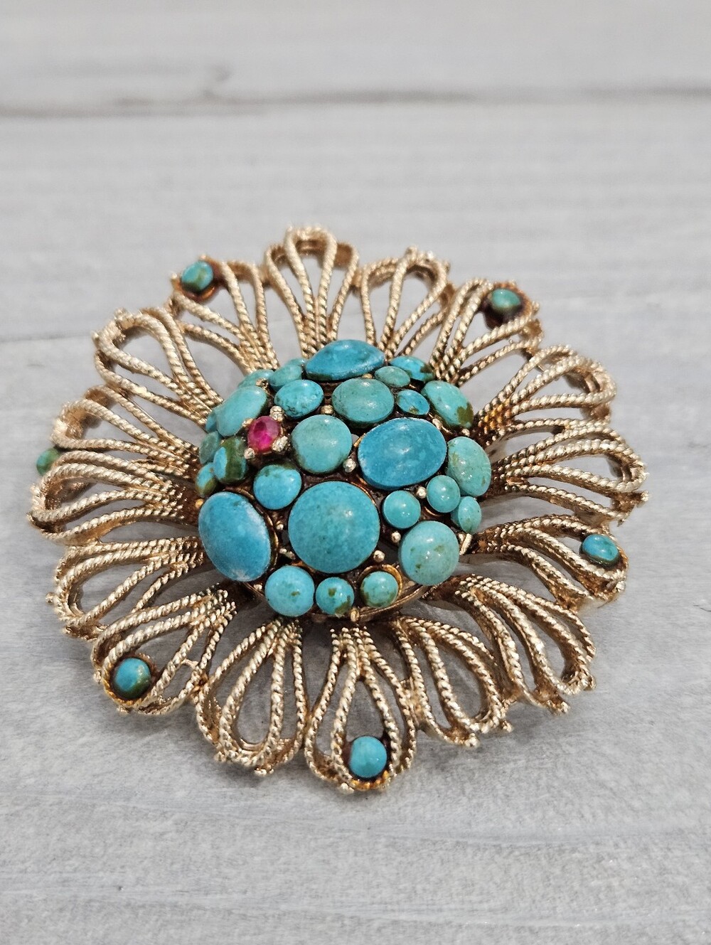 Vintage Capri Flower Faux Turquiose Brooch w/ Red Stone Accent